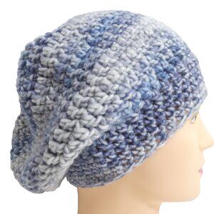 Blue Wool Slouchy Cap Striped Hat Baggy Beanie Handmade Crochet Hand Knit USA OS